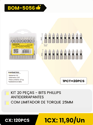 KIT 20 PEÇAS - BITS PHILLIPS ANTIDERRAPANTES COM LIMITADOR DE TORQUE 25MM CX: 120PCS 1CX: 11,90/Un