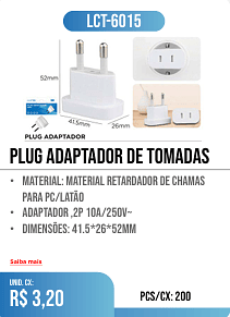 PLUG ADAPTADOR DE TOMADAS PCS/CX: 200 UNID. CX: r$ 3,20