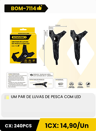 UM PAR DE LUVAS DE PESCA COM LED CX: 240PCS 1CX: 14,90/Un