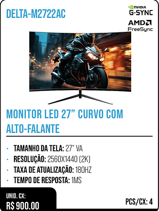 MONITOR LED 27” CURVO COM ALTO-FALANTE UNID. CX: R$ 900.00 PCS/CX: 4