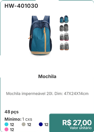 Mochila 48 pçs R$ 27.00