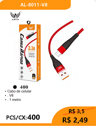 Cabo de celular V8 PCS/CX:400 R$ 2,49