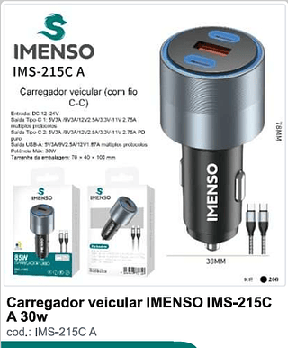 Carregador veicular IMENSO 30w 200PC/CX R$18