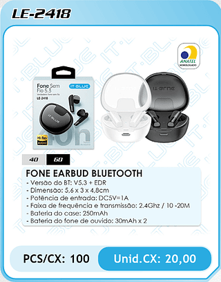 FONE EARBUD BLUETOOTH PCS/CX: 100 Unid.CX: 20,00