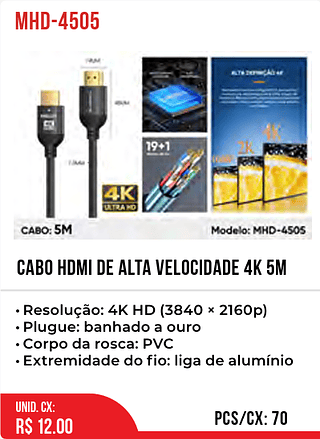 Cabo HDMI de alta velocidade 4K 5m 70pç=12$