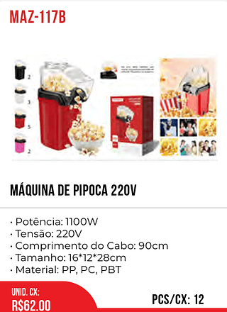 Máquina De Pipoca 220v 12pç=62$