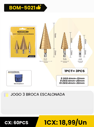 JOGO 3 BROCA ESCALONADA CX: 60PCS 1CX: 18,99/Un
