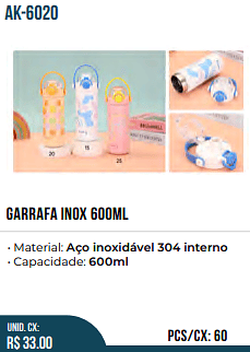 garrafa inox 600ml UNID. CX: R$ 33.00 PCS/CX: 60