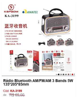 Rádio Bluetooth AM/FM/AM 3 Bands 5W 135*205*85mm R$56,7 PCS/Cx:30
