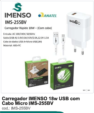 Carregador IMENSO 18w USB com Cabo Micro 200PC/CX R$9,9