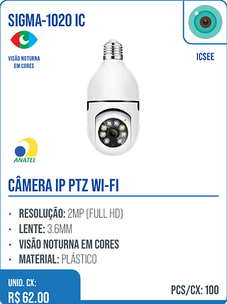 CÂMERA IP PTZ WI-FI UNID. CX: R$ 62.00 PCS/CX: 100