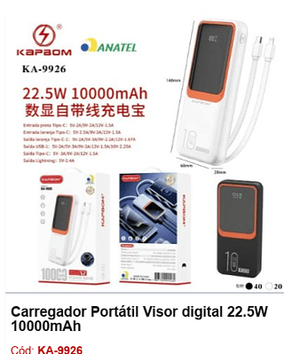 Carregador Portátil Visor digital 22.5W 10000mAh R$37,8 PCS/CX: 60