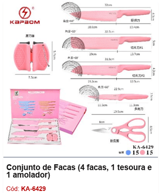 Conjunto de Facas (4 facas, 1 tesoura e 1 amolador) R$ 26,1 PCS/cx:30