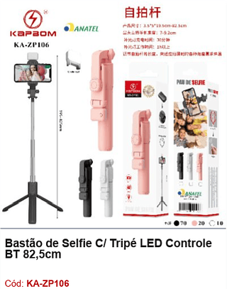 Bastão de Selfie C/ Tripé LED Controle BT 82,5cm R$ 13,5 PCS/Cx:100