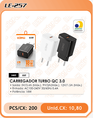 CARREGADOR TURBO QC 3.0 200PÇ=10,8$