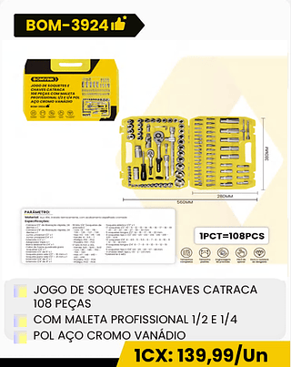 JOGO DE SOQUETES ECHAVES CATRACA 108 PEÇAS COM MALETA PROFISSIONAL 1/2 E 1/4 POL AÇO CROMO VANÁDIO CX: 5PCS 1CX: 139,99/Un