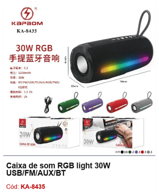 Caixa de som RGB light 30W USB/FM/AUX/BT R$49,5 PCS/cx:30