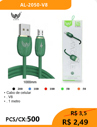 Cabo de celular V8 PCS/CX:500 R$ 2,49