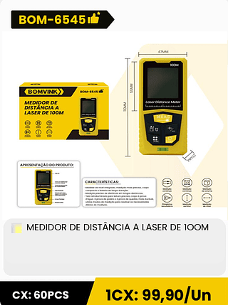 MEDIDOR DE DISTÂNCIA A LASER DE 10OM CX: 60PCS 1CX: 99,90/Un