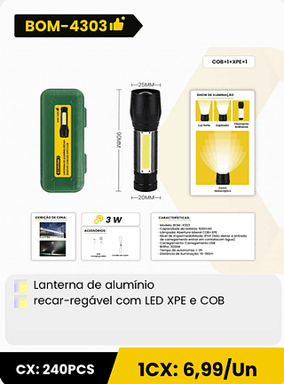 Lanterna de alumínio recar-regavel com LED XPE e COB CX: 240PCS 1CX: 6,99/Un