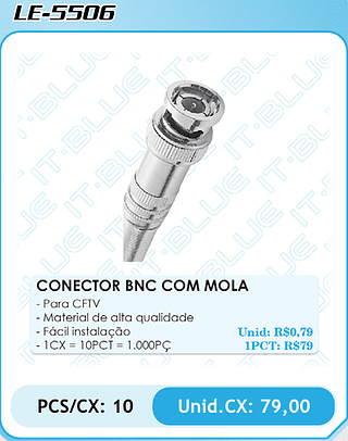 CONECTOR BNC COM MOLA PCS/CX: 10 Unid.CX: 79,00