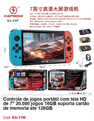 Controle de jogos portátil com tela HD de 7" 20.000 jogos 16GB suporta cartão de memoria ate 128GB R$ 224,1 PCS/Cx:40