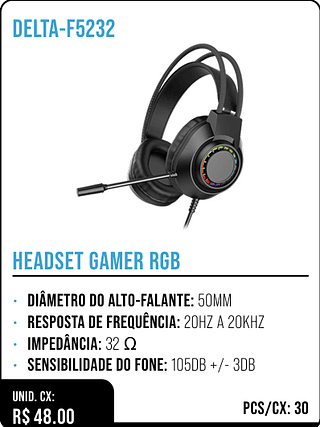 HEADSET GAMER RGB UNID. CX: R$ 48.00 PCS/CX: 30