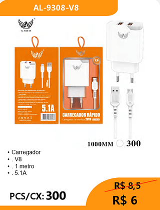 Carregador V8 PCS/CX: 300 R$ 6