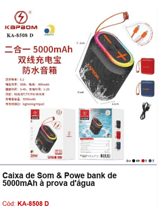 Caixa de Som & Powe bank de 5000mAh à prova d'água R$49,5 PCS/CX:50