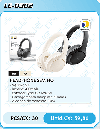 HEADPHONE SEM FIO - Versão: 5.4 - Bateria: 400mAh - Entrada: Type-C / 5V0.3A - Carregamento completo: 2 horas - Alcance de conexao: 10M PCS/CX: 30 Unid.CX: 59,80