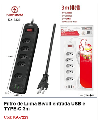 Filtro de Linha Bivolt entrada USB e TYPE-C 3m R$ 27,9 PCS/CX:60