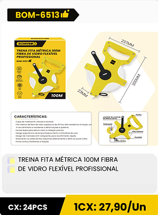 TREINA FITA MÉTRICA 100M FIBRA DE VIDRO FLEXÍVEL PROFISSIONAL CX: 24PCS ICX: 27,90/Un