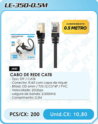 CABO DE REDE CAT8 - Tipo: STP / CAT8 - Conector: RJ45 com capa de níquel - Bitola: OD 6mm / 7/0.12 CU*4P / PVC - Velocidade: 25Gbps - Largura de banda: 2.000MHz - Comprimento: 0,5M PCS/CX: 200 Unid.CX: 10,80