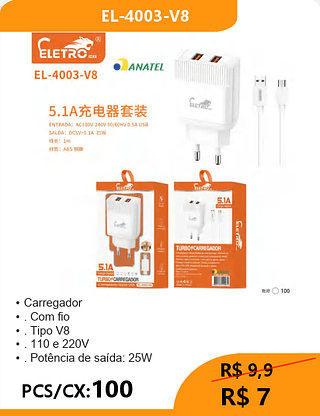 CARREGADOR V8 PCS/CX:100 R$7