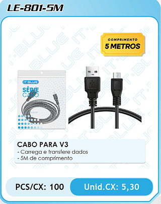 CABO PARA V3 - Carrega e transfere dados - 5M de comprimento PCS/CX: 100 Unid.CX: 5,30