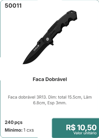 Faca Dobrável 240 pçs R$ 10.50