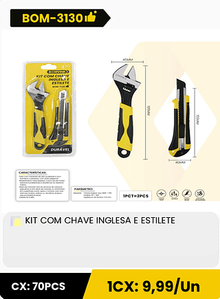 KIT COM CHAVE INGLESA E ESTILETE CX: 70PCS ICX: 9,99/Un