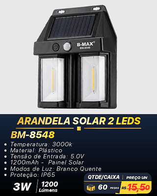 ARANDELA SOLAR 2 LEDS 60PÇS R$12,40