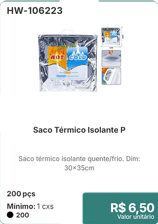 Saco Térmico Isolante P 200 pçs R$ 6,50