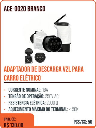 ADAPTADOR DE DESCARGA V2L PARA CARRO ELÉTRICO UNID. CX: R$ 130.00 PCS/CX: 50