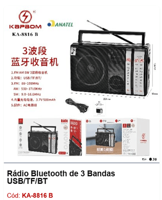 Rádio Bluetooth de 3 Bandas USB/TF/BT R$52,2 PCS/cx:30