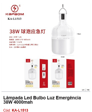 Lâmpada Led Bulbo Luz Emergência 38W 4000mah R$ 27 PCS/CX: 90