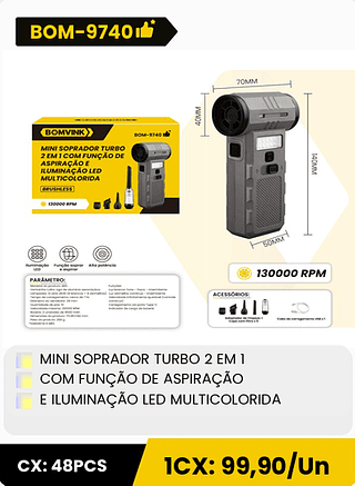 MINI SOPRADOR TURBO 2 EM 1 COM FUNÇÃO DE ASPIRAÇÃO E ILUMINAÇÃO LED MULTICOLORIDA CX: 48PCS 1CX: 99,90/Un