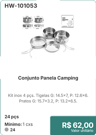 Conjunto Panela Camping 24 pçs R$ 62.00