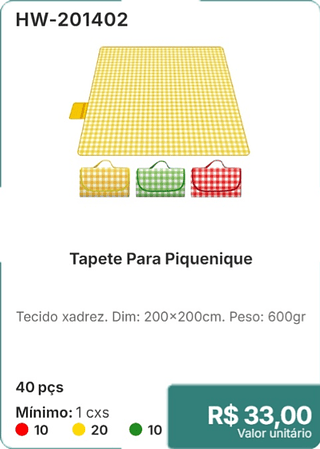 Tapete Para Piquenique 40 pçs R$ 33.00