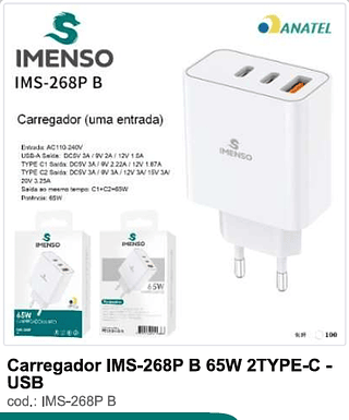 Carregador 65W 2TYPE-C -USB 100PC/CX R$36