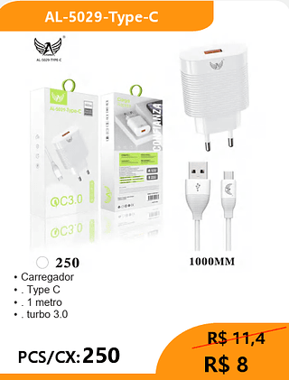 Carregador TIPO-C PCS/CX:250 R$ 8
