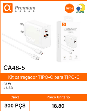 Kit carregador TIPO-C para TIPO-C Caixa 300 PCS Preco Unitario 18,80