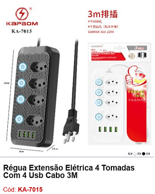Régua Extensão Elétrica 4 Tomadas Com 4 Usb Cabo 3M R$ 28,8 PCS/CX:60