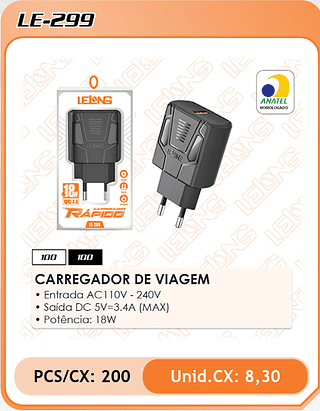 CARREGADOR DE VIAGEM 200PÇ=8,3$